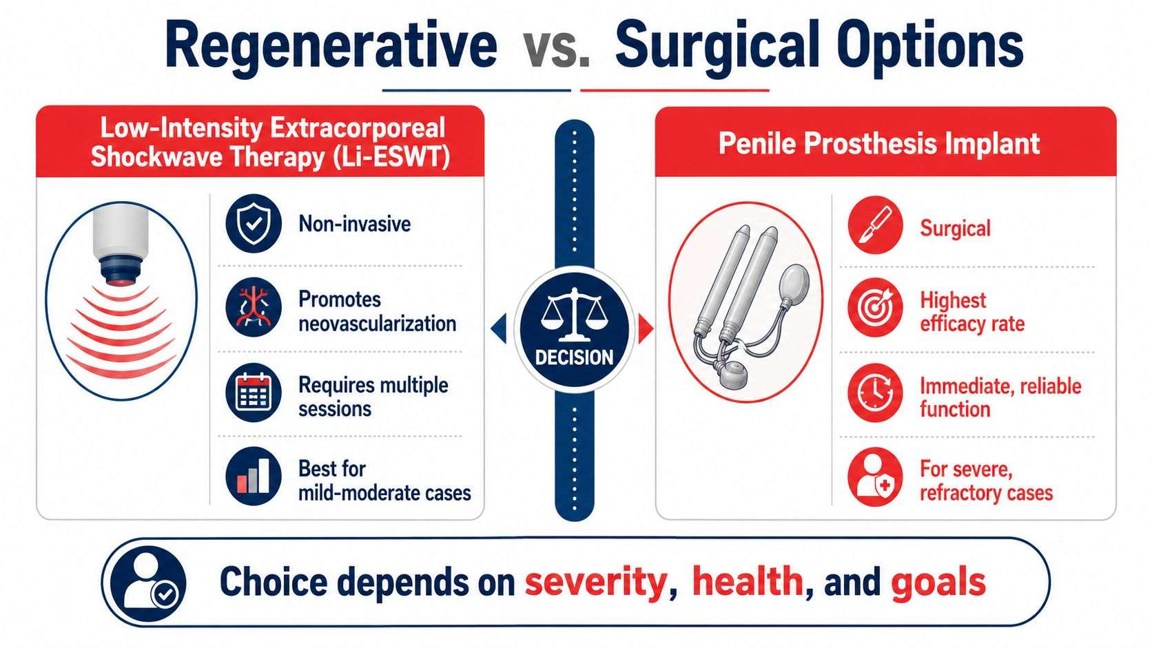 A comparison chart showing low-intensity shockwave therapy versus penile prosthesis implants for treating erectile dysfunction.