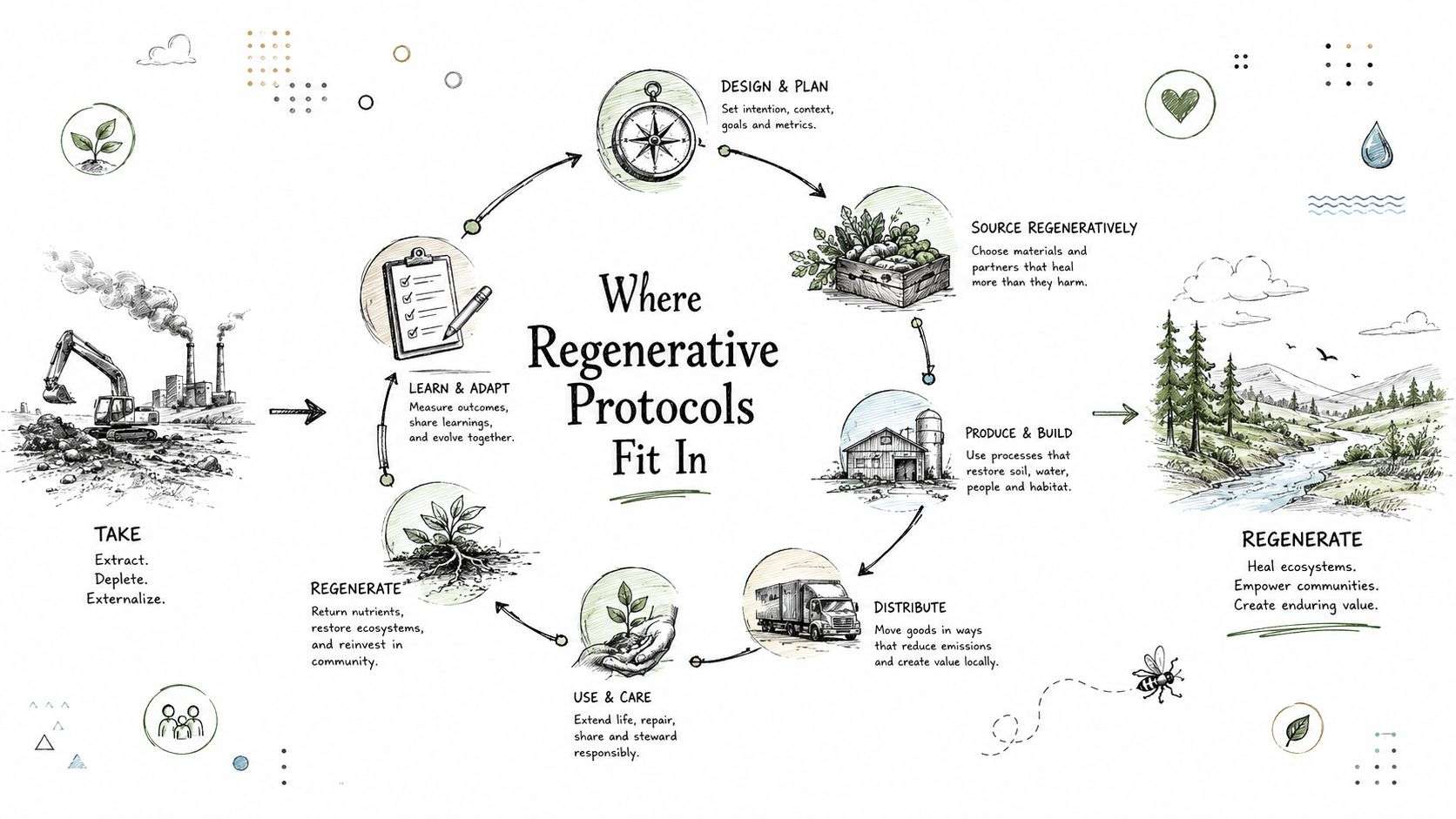 An infographic showing regenerative protocols contrasting extractive take models with circular and restorative sustainable practices.