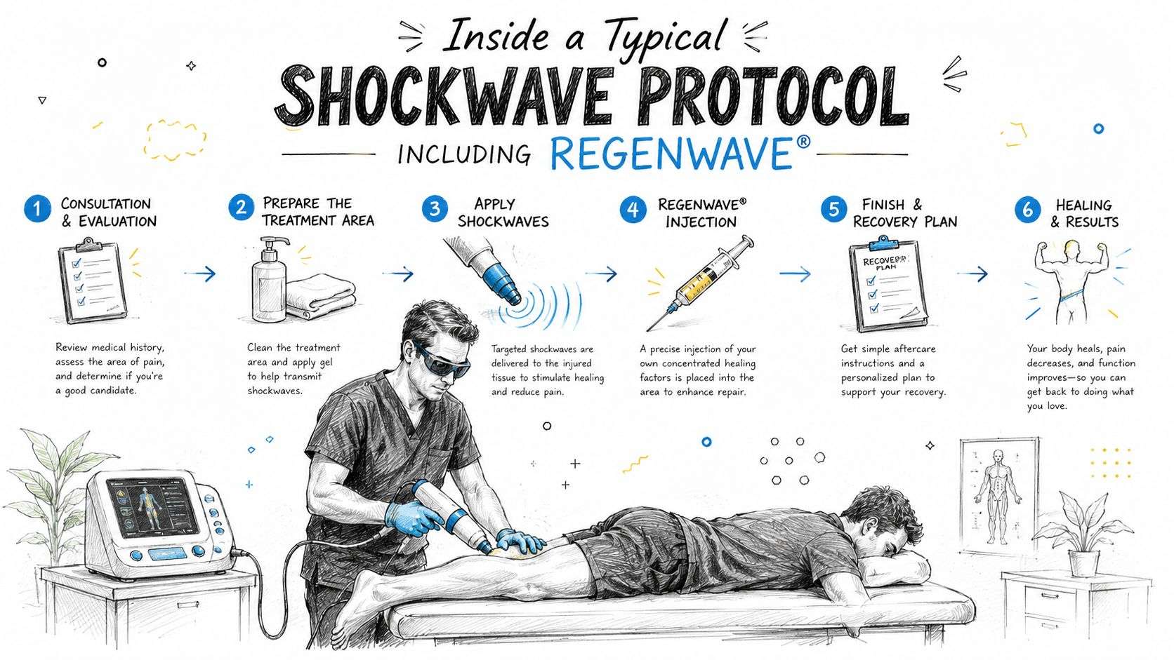 A six-step infographic illustrating the RegenWave shockwave therapy protocol for patient treatment and recovery.