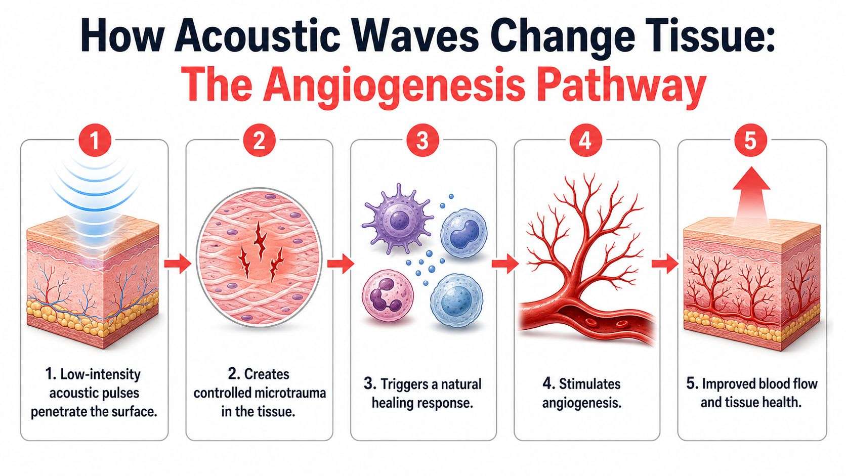 A diagram illustrating the five stages of the acoustic wave therapy angiogenesis pathway for tissue healing.
