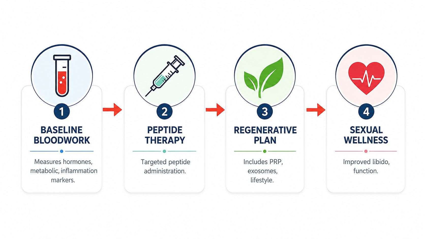 A four-step infographic illustrating a medical wellness process involving bloodwork, peptide therapy, regenerative plans, and sexual health.